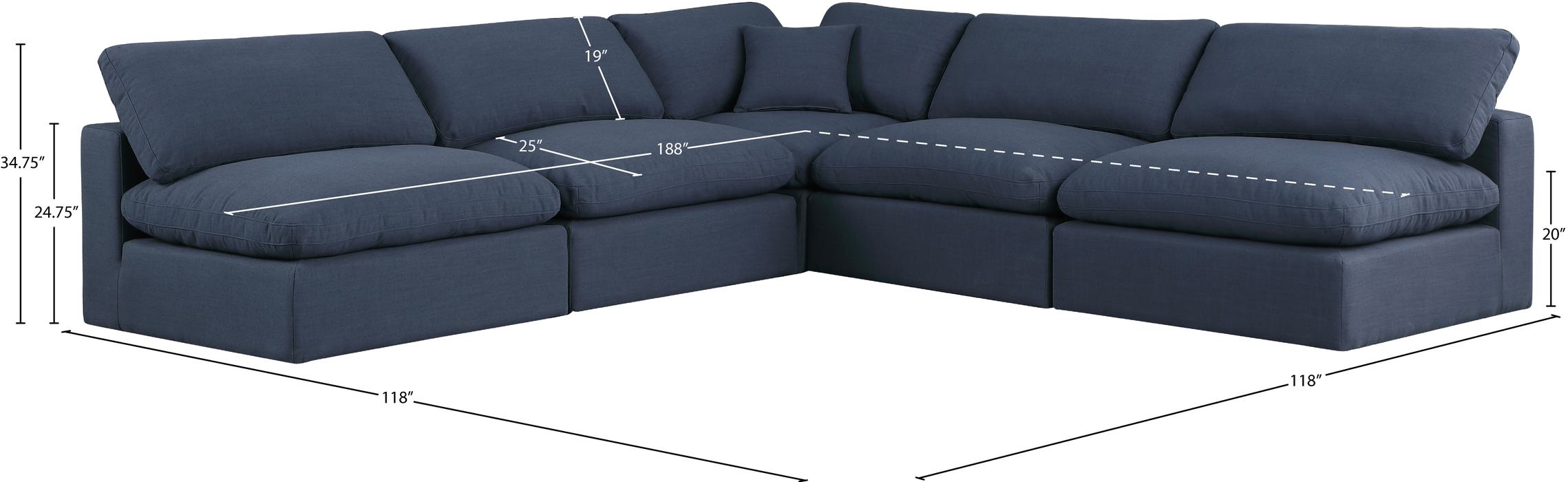 Meridian Furniture - Comfy 118" Navy Linen Textured Fabric Upholstered 5pc. Sectional - 187Navy-Sec5B - GreatFurnitureDeal