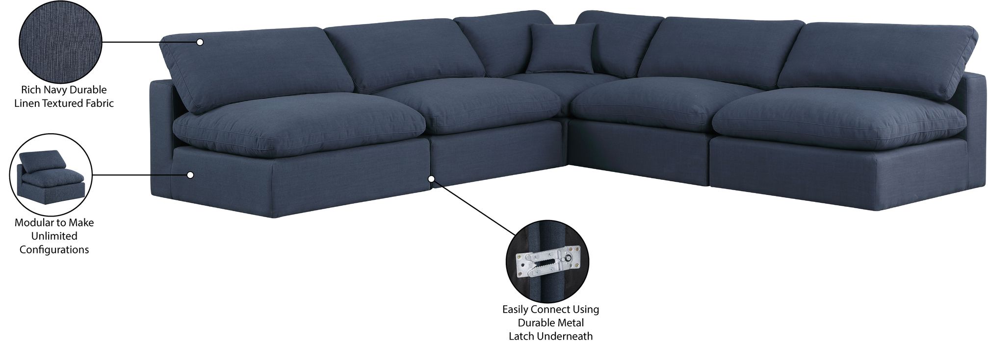 Meridian Furniture - Comfy 118" Navy Linen Textured Fabric Upholstered 5pc. Sectional - 187Navy-Sec5B - GreatFurnitureDeal