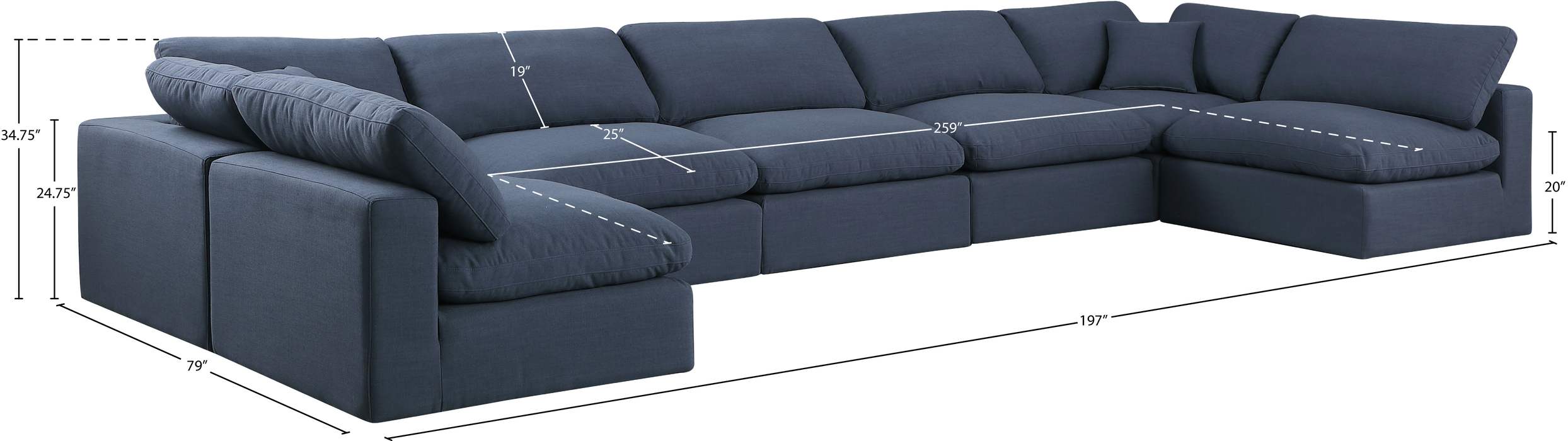 Meridian Furniture - Comfy 197" Navy Linen Textured Fabric Upholstered 7pc. Sectional - 187Navy-Sec7B - GreatFurnitureDeal