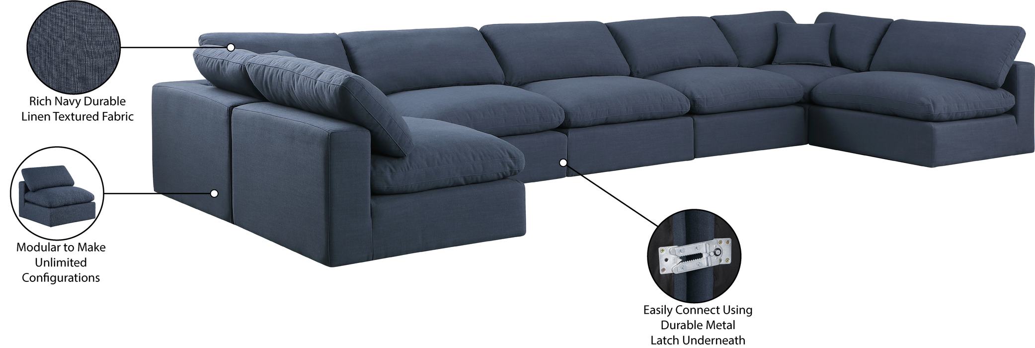 Meridian Furniture - Comfy 197" Navy Linen Textured Fabric Upholstered 7pc. Sectional - 187Navy-Sec7B - GreatFurnitureDeal