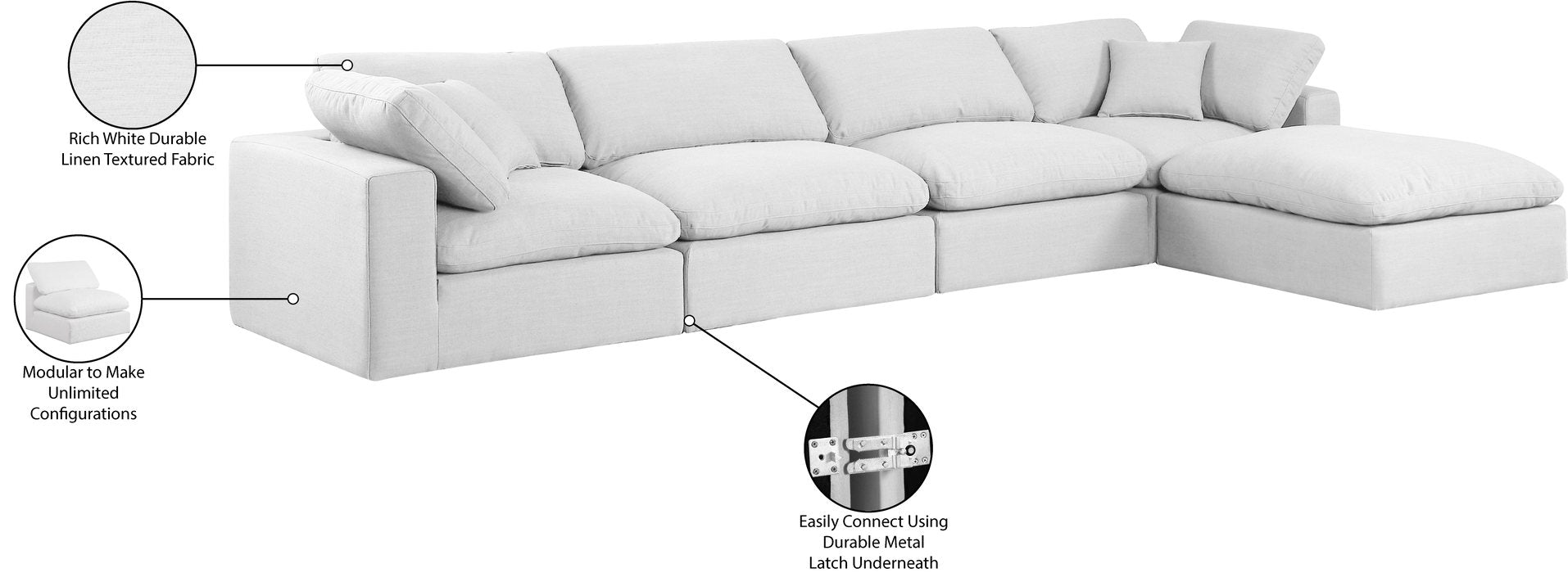 Meridian Furniture - Comfy 158" White Linen Textured Fabric Upholstered 5pc. Sectional - 187White-Sec5A - GreatFurnitureDeal