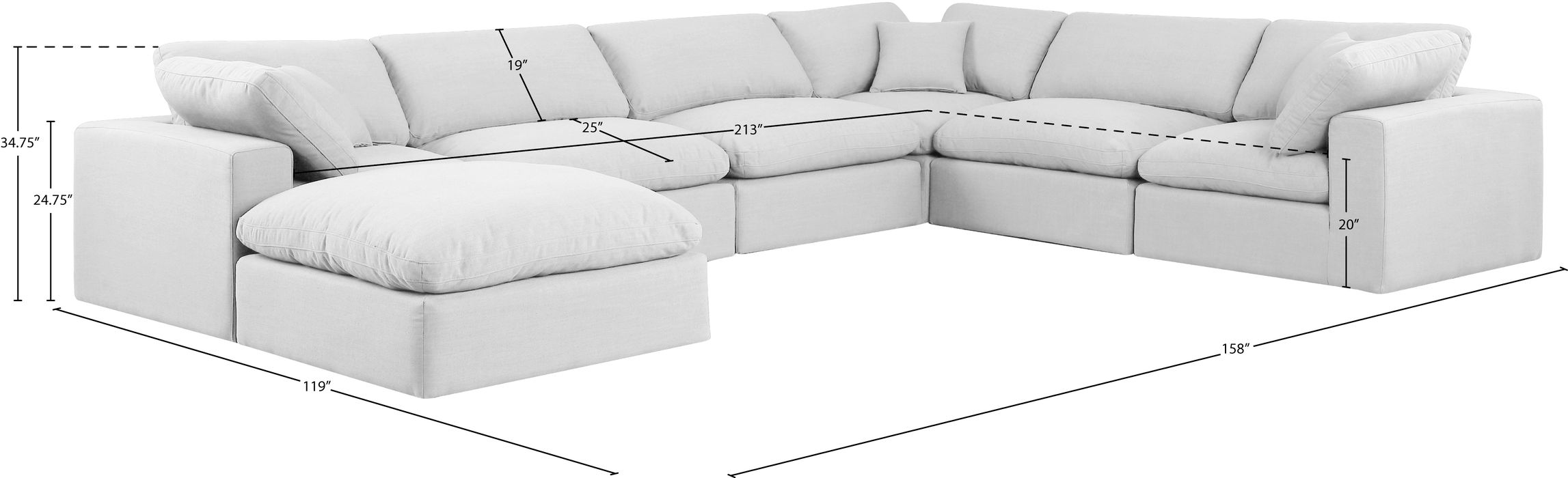 Meridian Furniture - Comfy 158" White Linen Textured Fabric Upholstered 7pc. Sectional - 187White-Sec7A - GreatFurnitureDeal