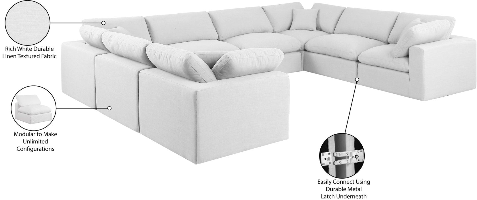 Meridian Furniture - Comfy 158" White Linen Textured Fabric Upholstered 8pc. Sectional - 187White-Sec8A - GreatFurnitureDeal