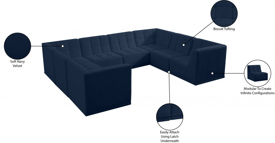 Meridian Furniture - Relax 128" Velvet Upholstered 8 Piece Modular Sectional - 650Navy-Sec8A - GreatFurnitureDeal
