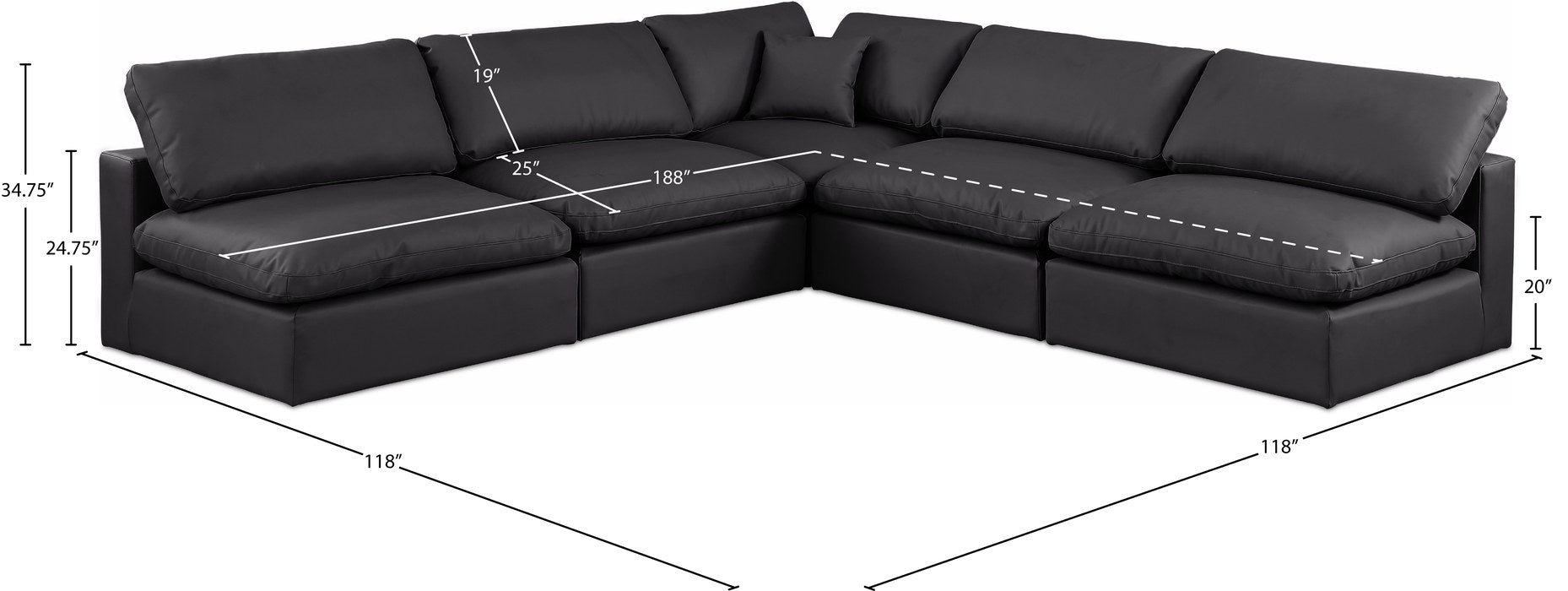 Meridian Furniture - Comfy 118" Black Vegan Leather Upholstered 5pc. Sectional - 188Black-Sec5B - GreatFurnitureDeal