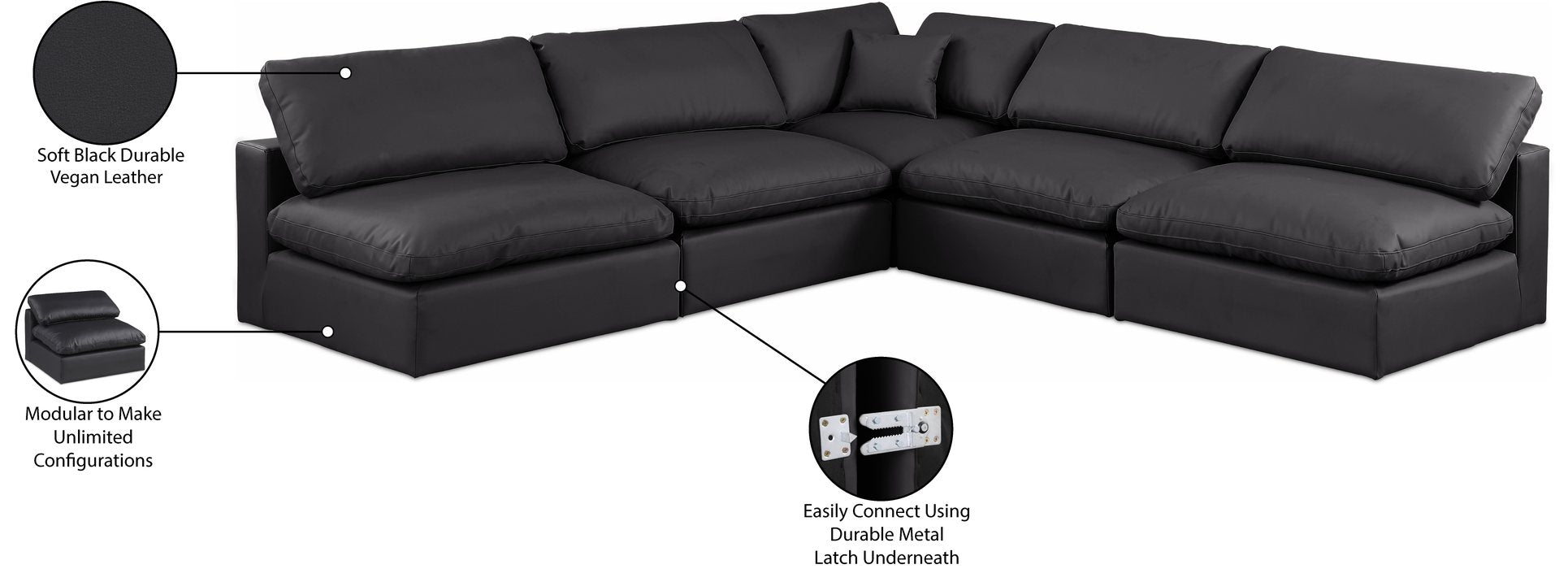 Meridian Furniture - Comfy 118" Black Vegan Leather Upholstered 5pc. Sectional - 188Black-Sec5B - GreatFurnitureDeal