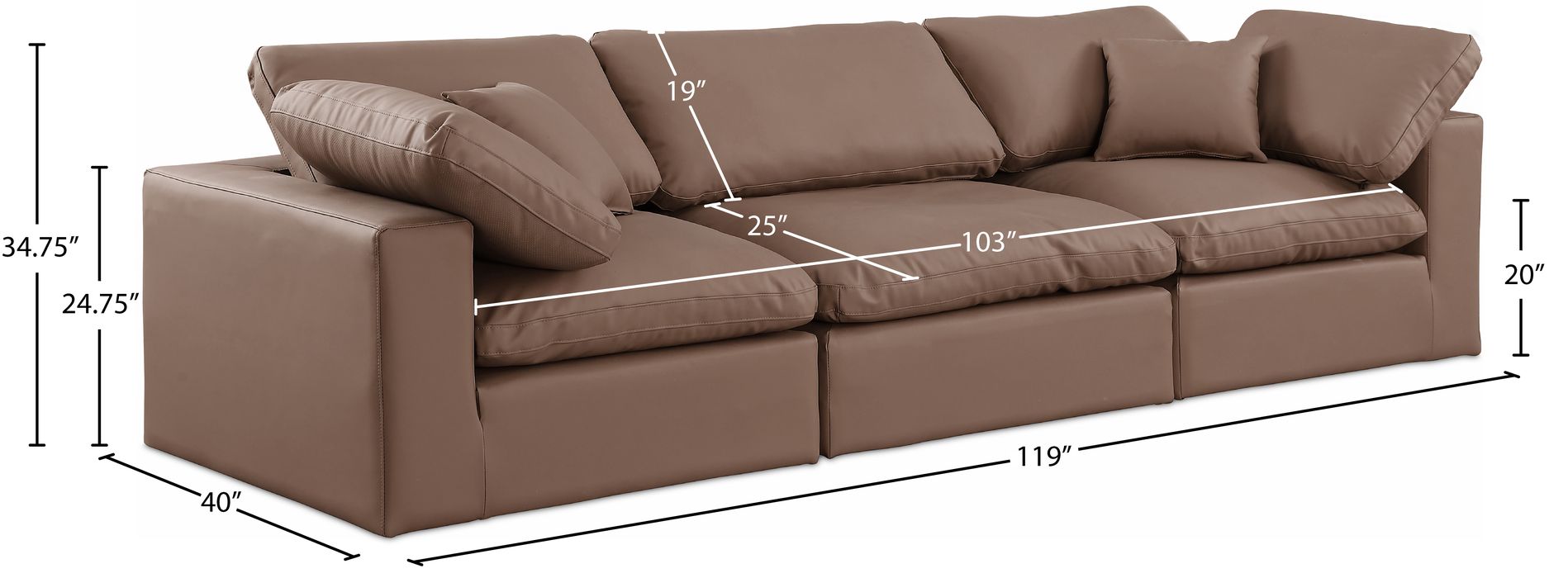 Meridian Furniture - Comfy 119" Brown Vegan Leather Upholstered 3pc. Sofa - 188Brown-S119 - GreatFurnitureDeal