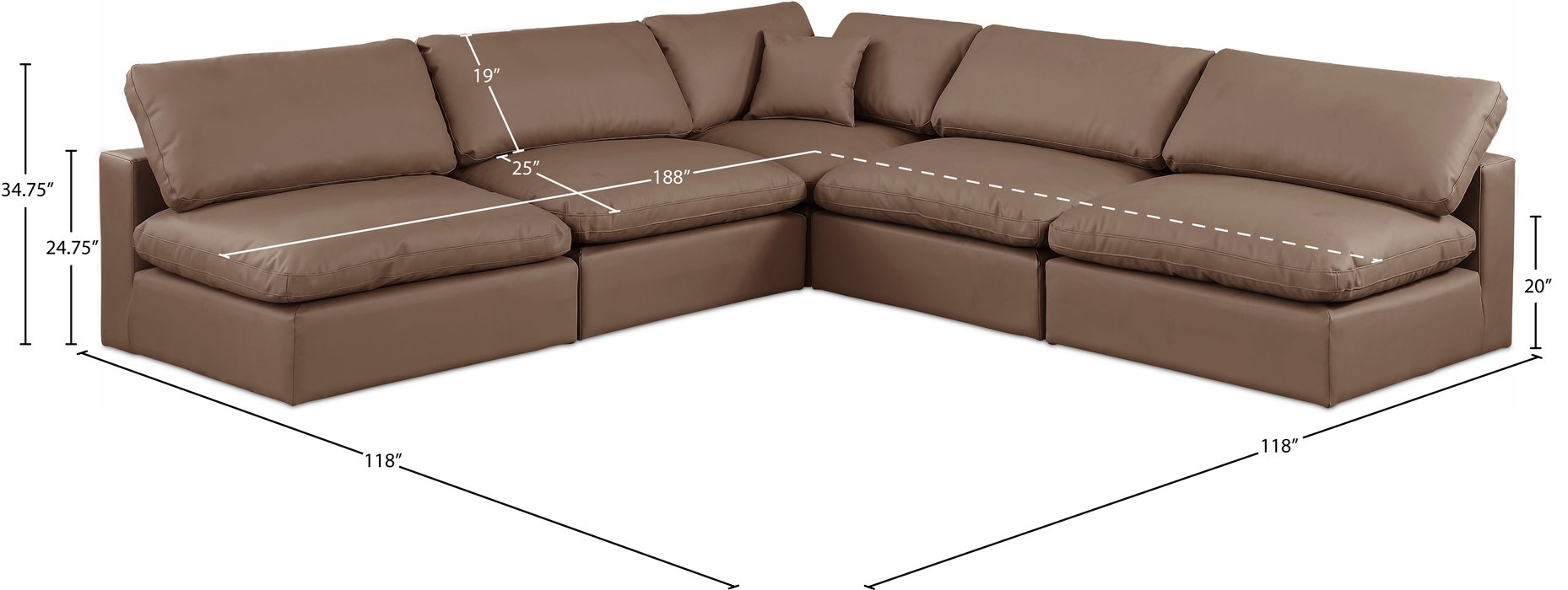 Meridian Furniture - Comfy 118" Brown Vegan Leather Upholstered 5pc. Sectional - 188Brown-Sec5B - GreatFurnitureDeal