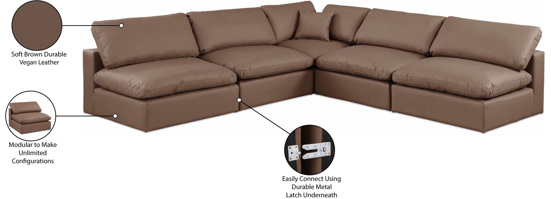 Meridian Furniture - Comfy 118" Brown Vegan Leather Upholstered 5pc. Sectional - 188Brown-Sec5B - GreatFurnitureDeal