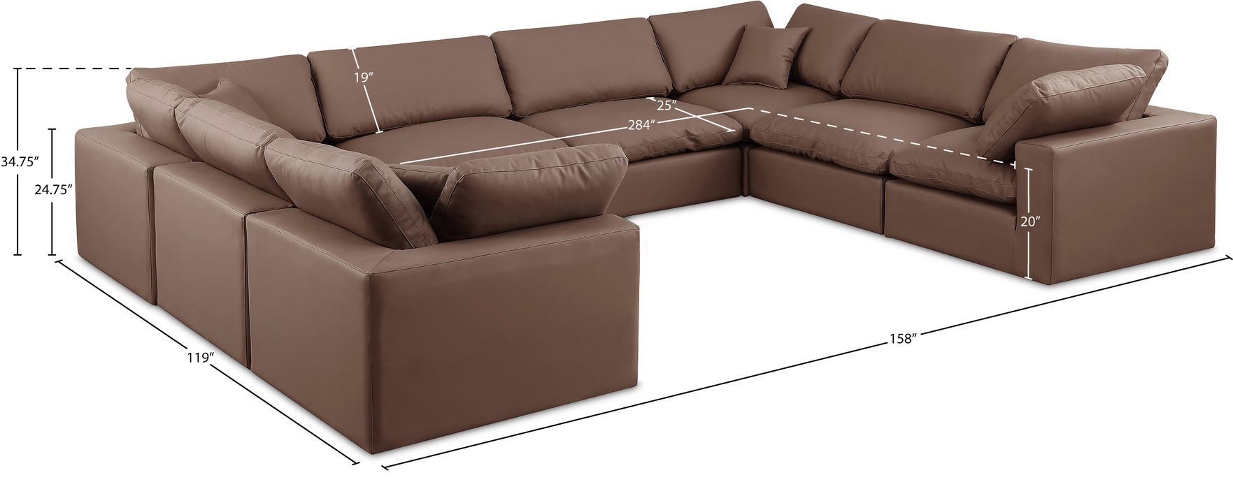 Meridian Furniture - Comfy 158" Brown Vegan Leather Upholstered 8pc. Sectional - 188Brown-Sec8A - GreatFurnitureDeal
