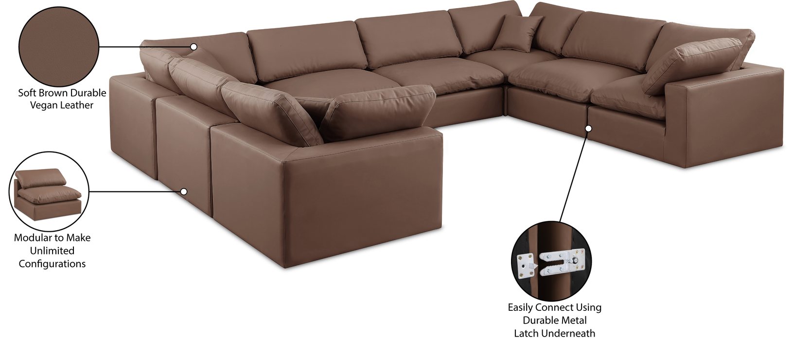 Meridian Furniture - Comfy 158" Brown Vegan Leather Upholstered 8pc. Sectional - 188Brown-Sec8A - GreatFurnitureDeal