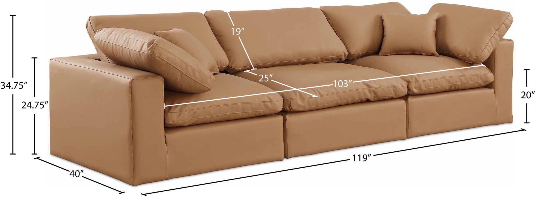 Meridian Furniture - Comfy 119" Cognac Vegan Leather Upholstered 3pc. Sofa - 188Cognac-S119 - GreatFurnitureDeal