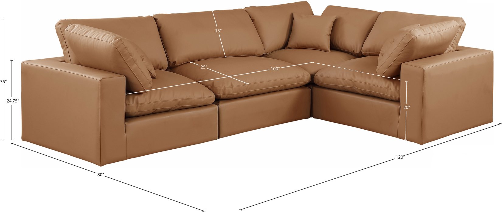 Meridian Furniture - Comfy 119" Cognac Vegan Leather Upholstered 4pc. Sectional - 188Cognac-Sec4C - GreatFurnitureDeal