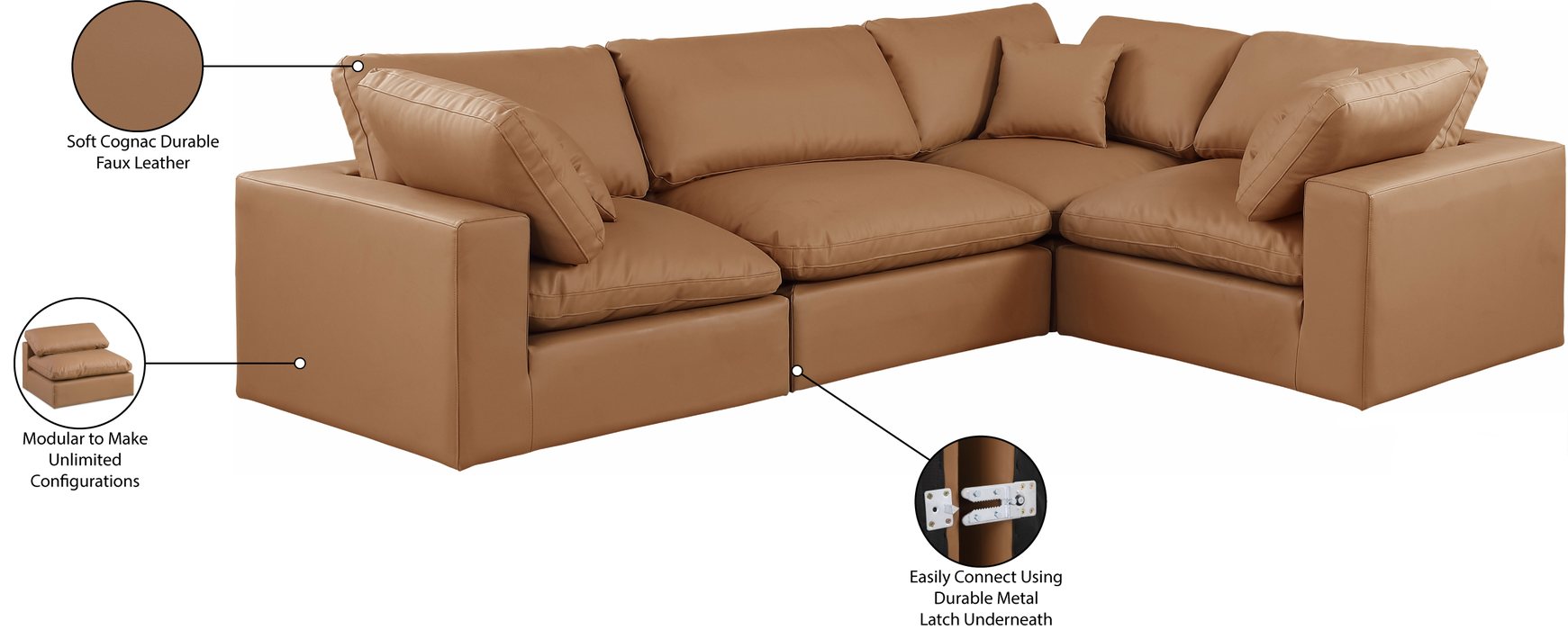 Meridian Furniture - Comfy 119" Cognac Vegan Leather Upholstered 4pc. Sectional - 188Cognac-Sec4C - GreatFurnitureDeal