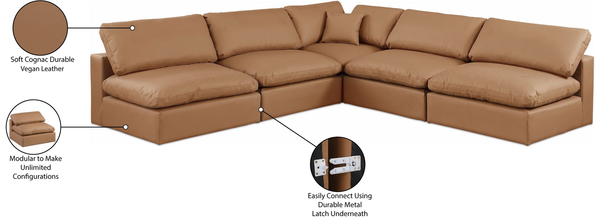 Meridian Furniture - Comfy 118" Cognac Vegan Leather Upholstered 5pc. Sectional - 188Cognac-Sec5B - GreatFurnitureDeal