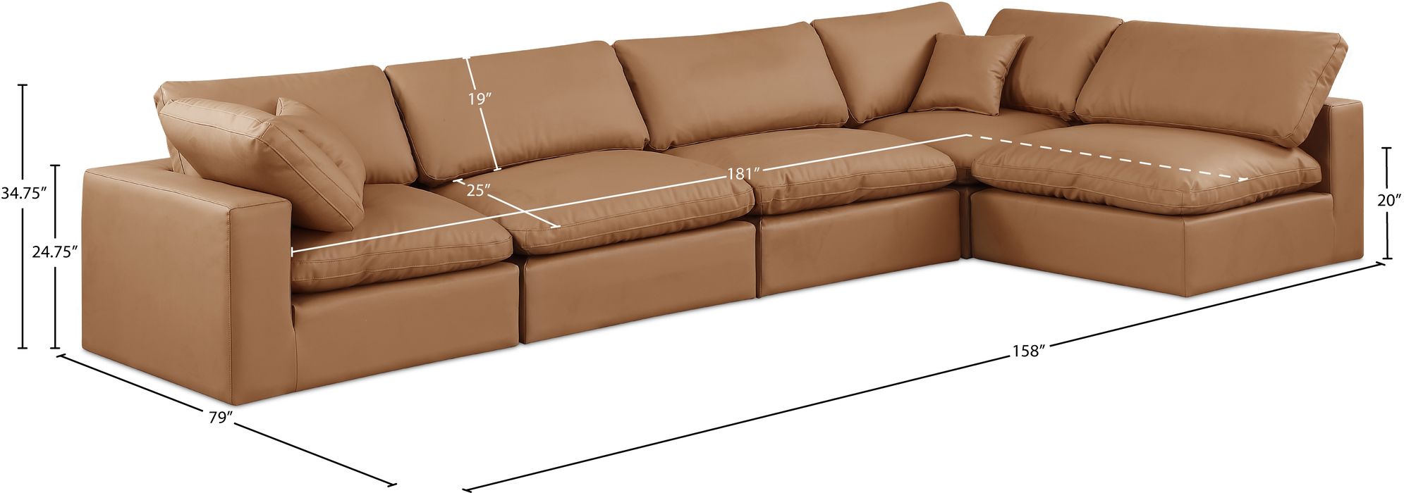 Meridian Furniture - Comfy 158" Cognac Vegan Leather Upholstered 5pc. Sectional - 188Cognac-Sec5D - GreatFurnitureDeal