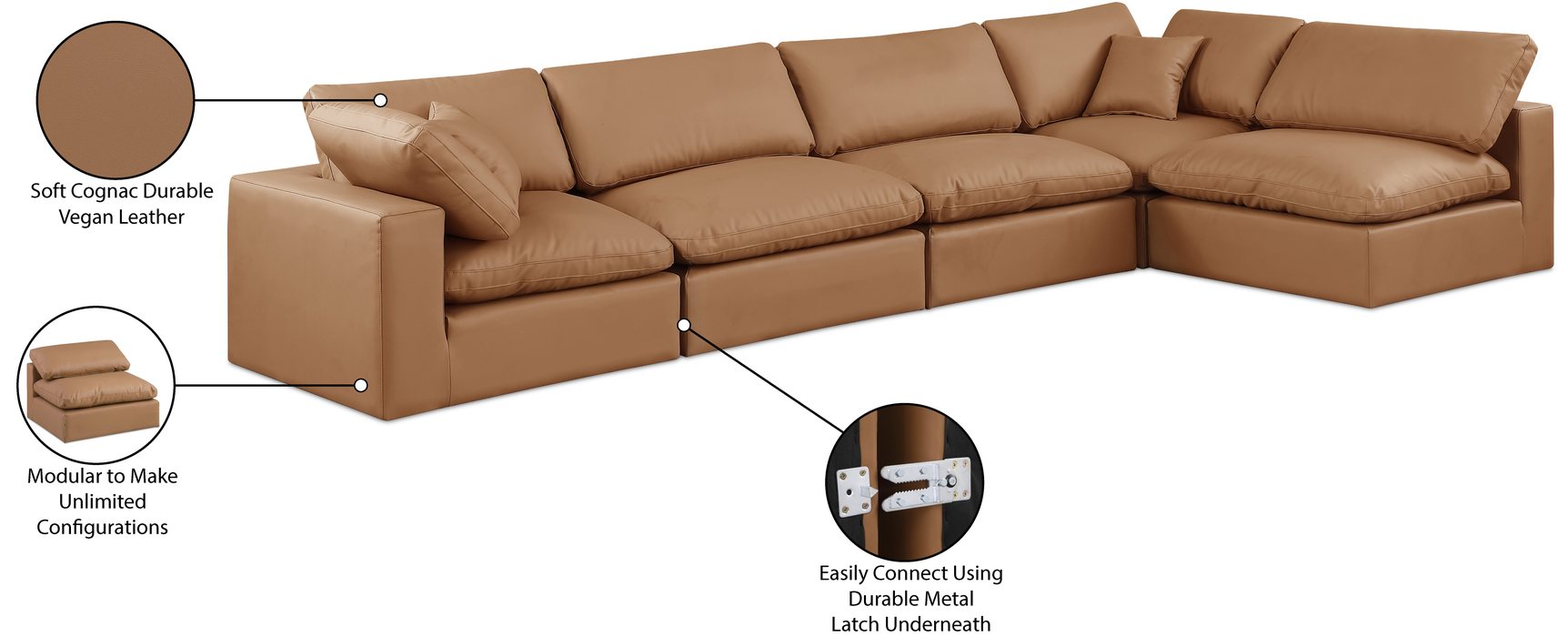 Meridian Furniture - Comfy 158" Cognac Vegan Leather Upholstered 5pc. Sectional - 188Cognac-Sec5D - GreatFurnitureDeal