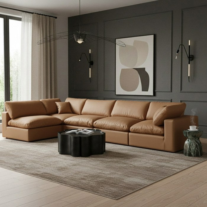 Meridian Furniture - Comfy 158" Cognac Vegan Leather Upholstered 5pc. Sectional - 188Cognac-Sec5D - GreatFurnitureDeal