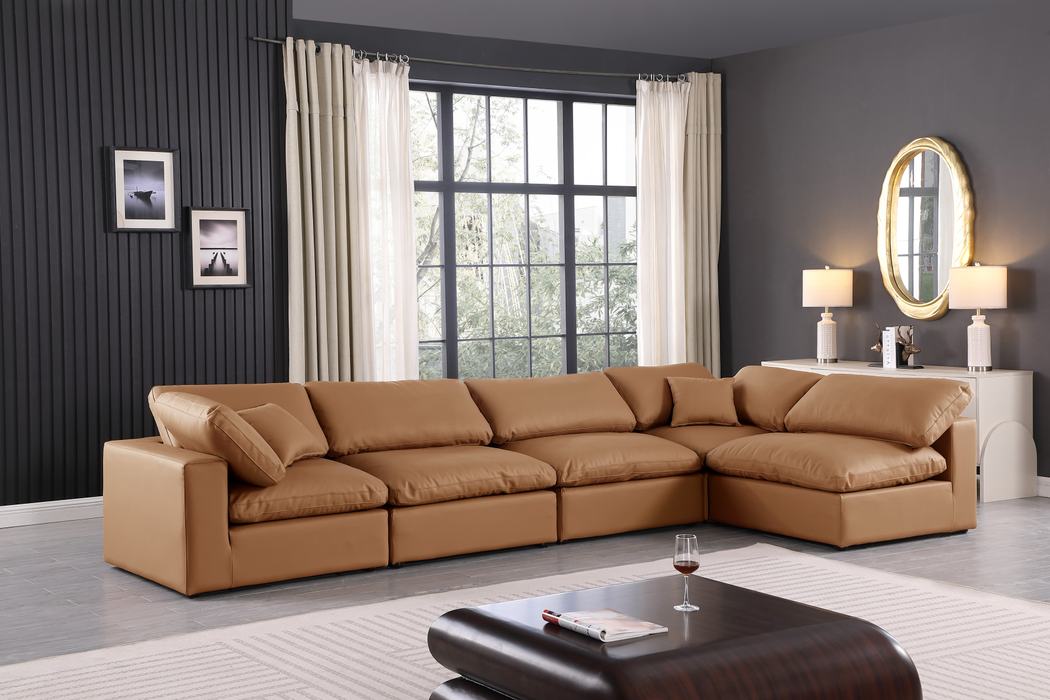 Meridian Furniture - Comfy 158" Cognac Vegan Leather Upholstered 5pc. Sectional - 188Cognac-Sec5D - GreatFurnitureDeal