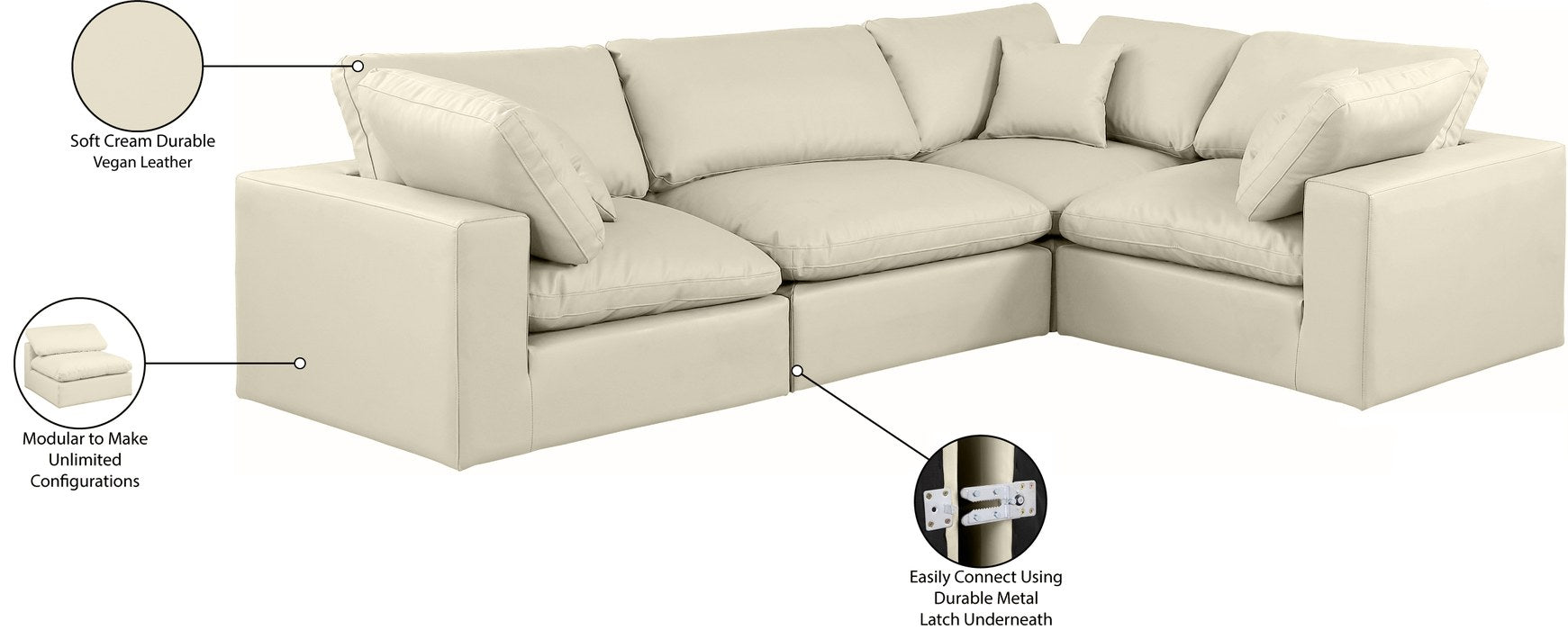 Meridian Furniture - Comfy 119" Cream Vegan Leather Upholstered 4pc. Sectional - 188Cream-Sec4C - GreatFurnitureDeal