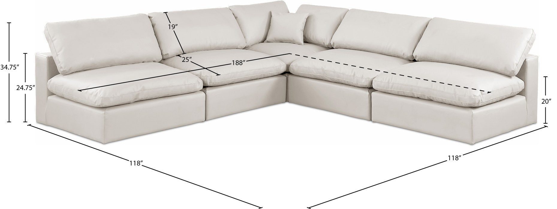 Meridian Furniture - Comfy 118" Cream Vegan Leather Upholstered 5pc. Sectional - 188Cream-Sec5B - GreatFurnitureDeal