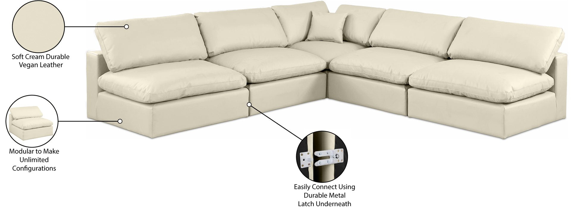 Meridian Furniture - Comfy 118" Cream Vegan Leather Upholstered 5pc. Sectional - 188Cream-Sec5B - GreatFurnitureDeal