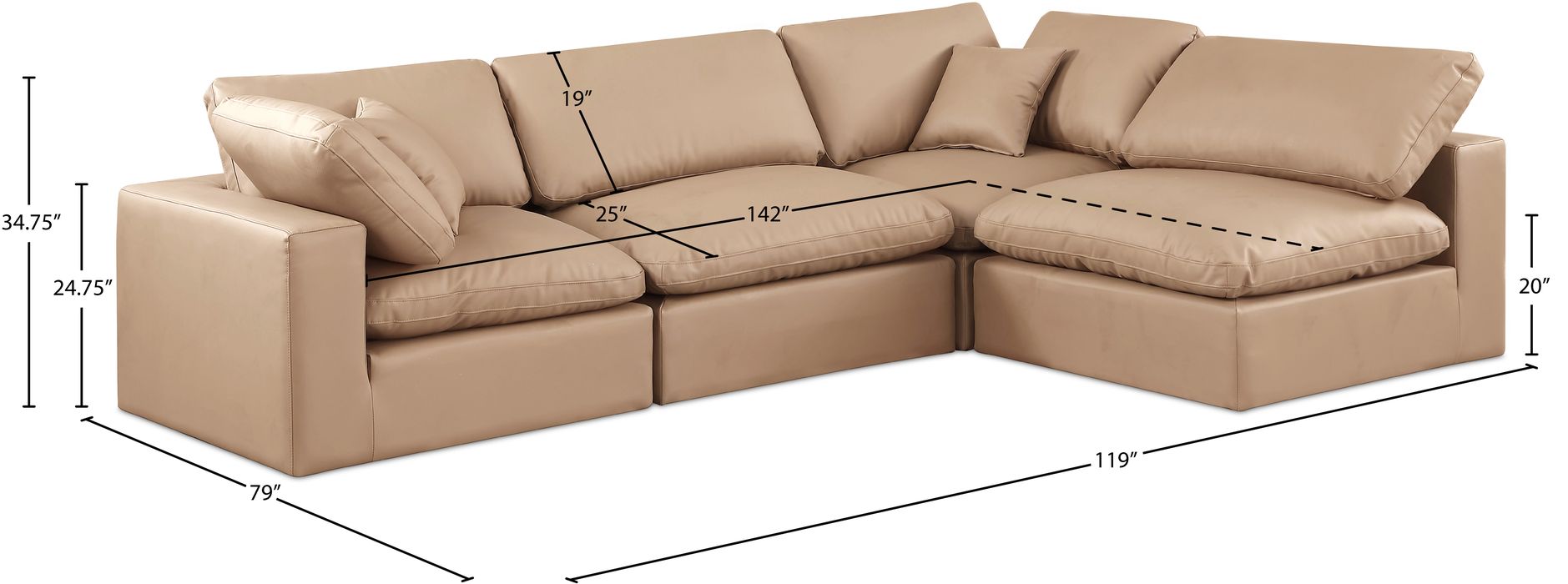 Meridian Furniture - Comfy 119" Tan Vegan Leather Upholstered 4pc. Sectional - 188Tan-Sec4B - GreatFurnitureDeal