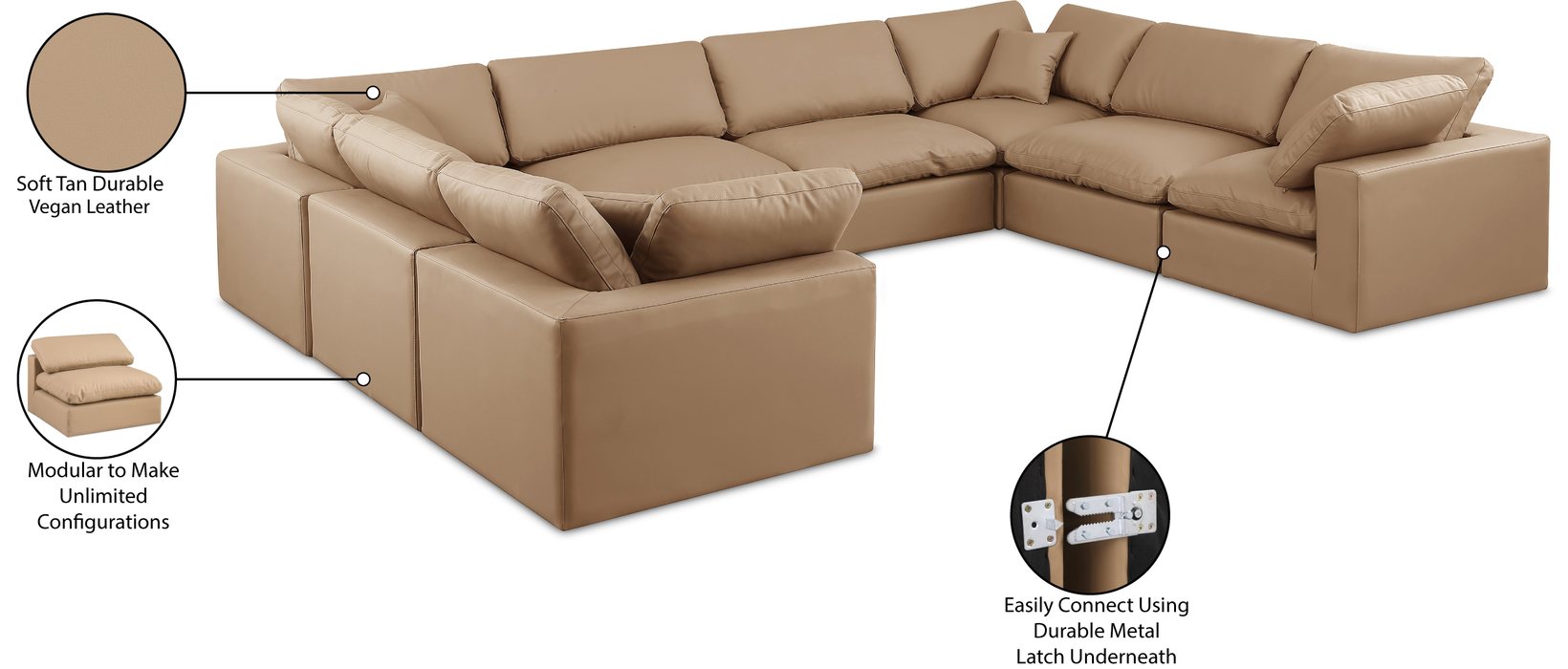 Meridian Furniture - Comfy 158" Tan Vegan Leather Upholstered 8pc. Sectional - 188Tan-Sec8A - GreatFurnitureDeal