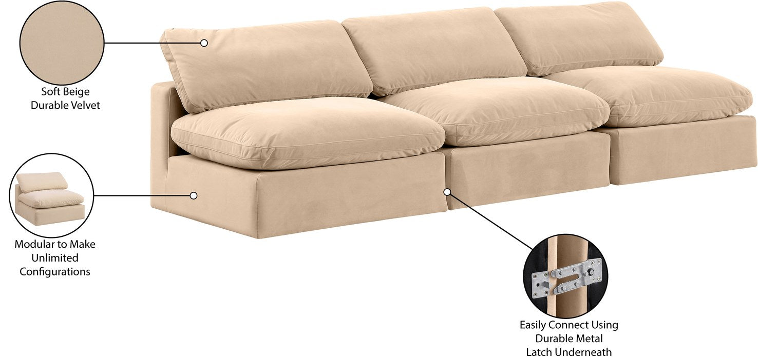 Meridian Furniture - Comfy 117" Beige Velvet Upholstered 3pc. Armless Sofa - 189Beige-S117 - GreatFurnitureDeal