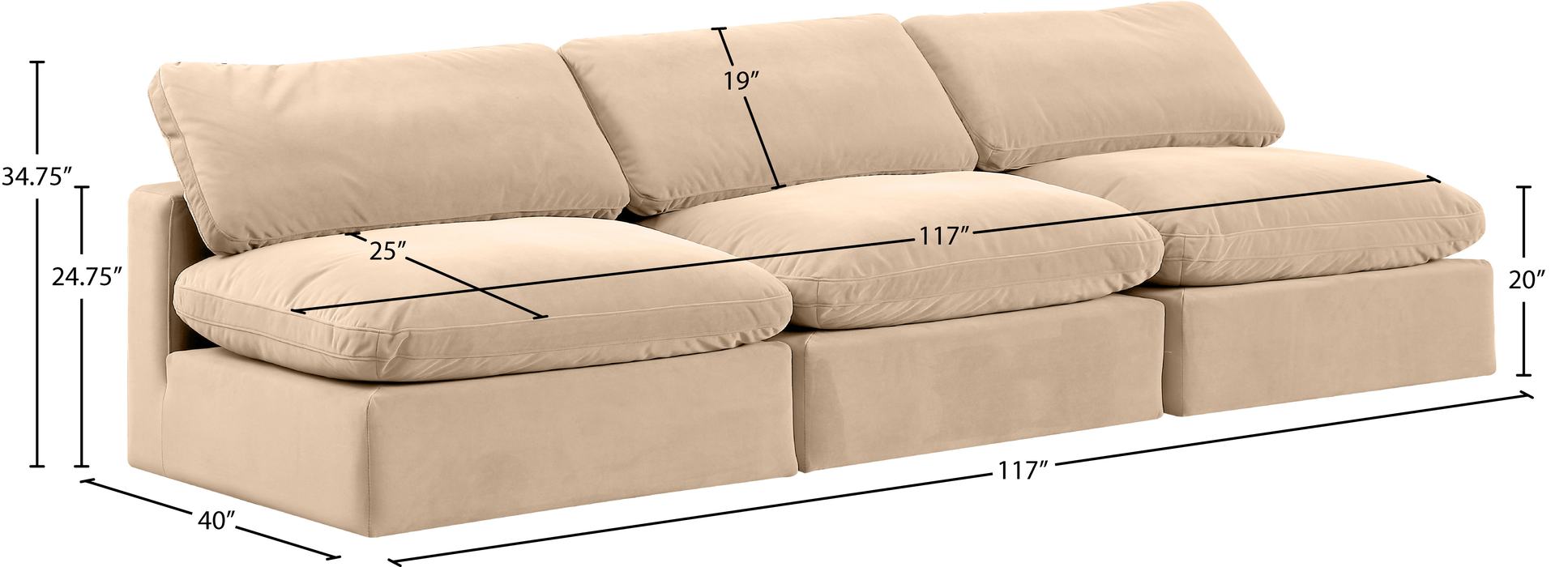 Meridian Furniture - Comfy 117" Beige Velvet Upholstered 3pc. Armless Sofa - 189Beige-S117 - GreatFurnitureDeal