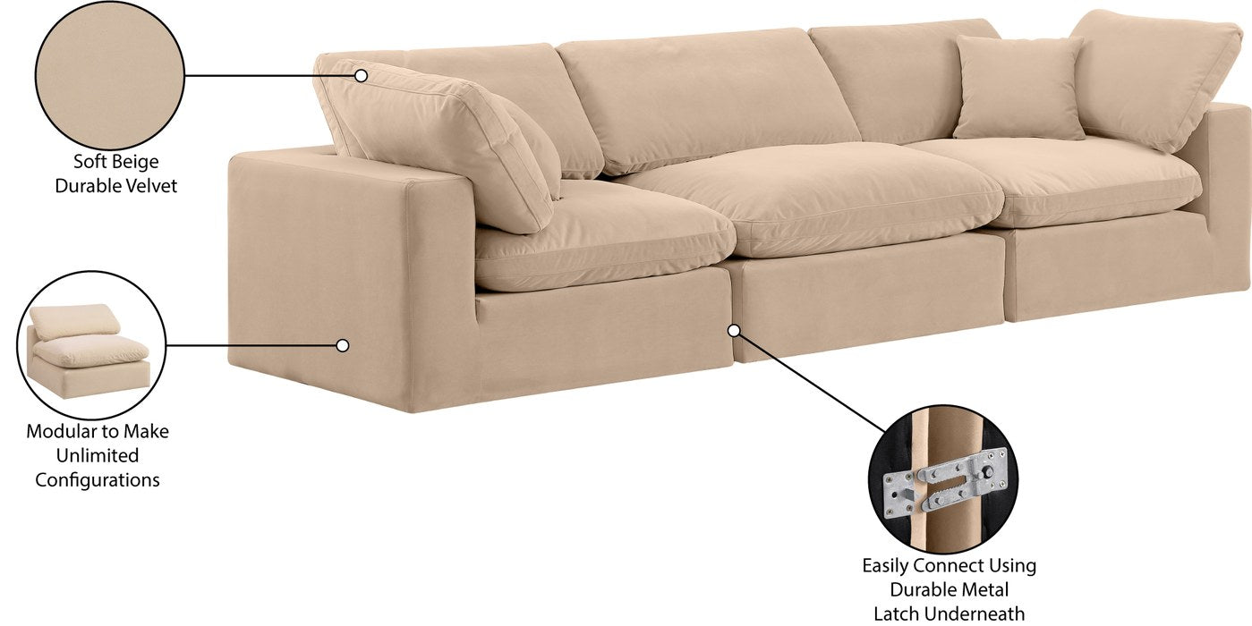 Meridian Furniture - Comfy 119" Beige Velvet Upholstered 3pc. Sofa - 189Beige-S119 - GreatFurnitureDeal