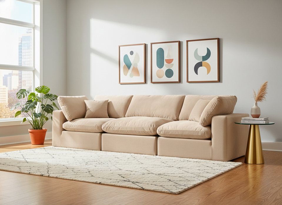 Meridian Furniture - Comfy 119" Beige Velvet Upholstered 3pc. Sofa - 189Beige-S119 - GreatFurnitureDeal