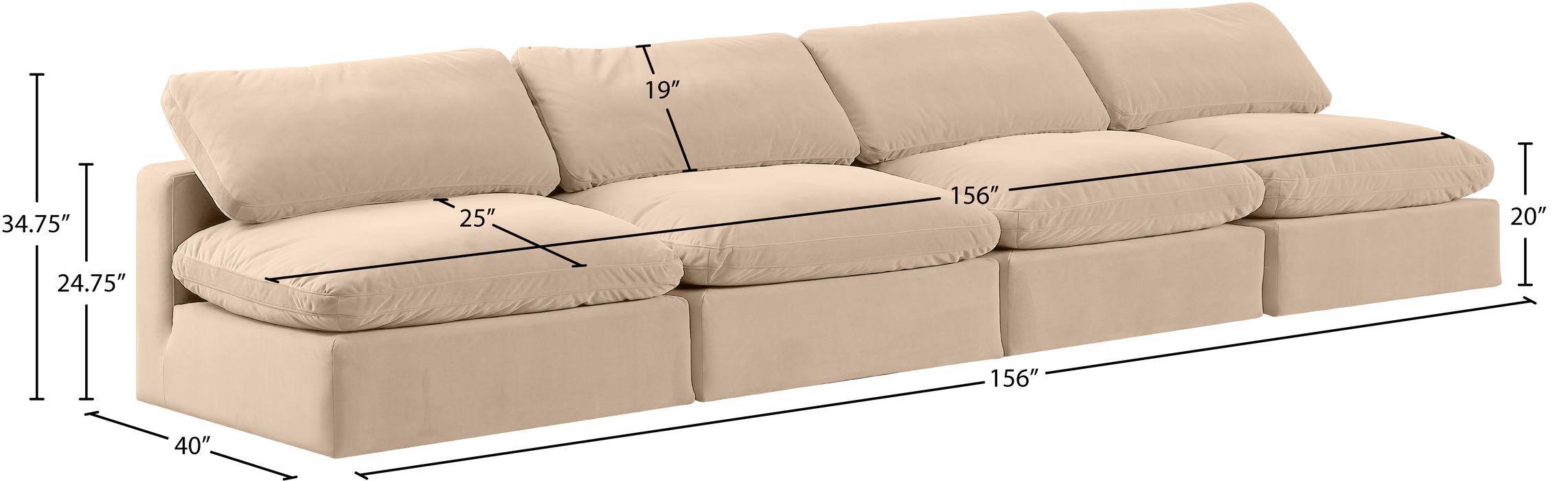 Meridian Furniture - Comfy 156" Beige Velvet Upholstered 4pc. Armless Sofa - 189Beige-S156 - GreatFurnitureDeal