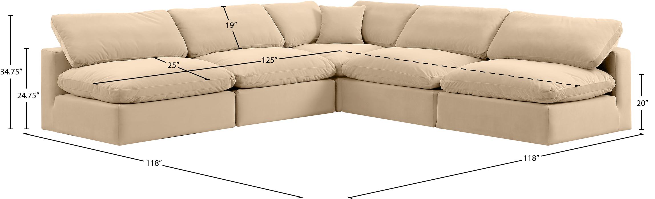 Meridian Furniture - Comfy 118" Beige Velvet Upholstered 5pc. Sectional - 189Beige-Sec5B - GreatFurnitureDeal