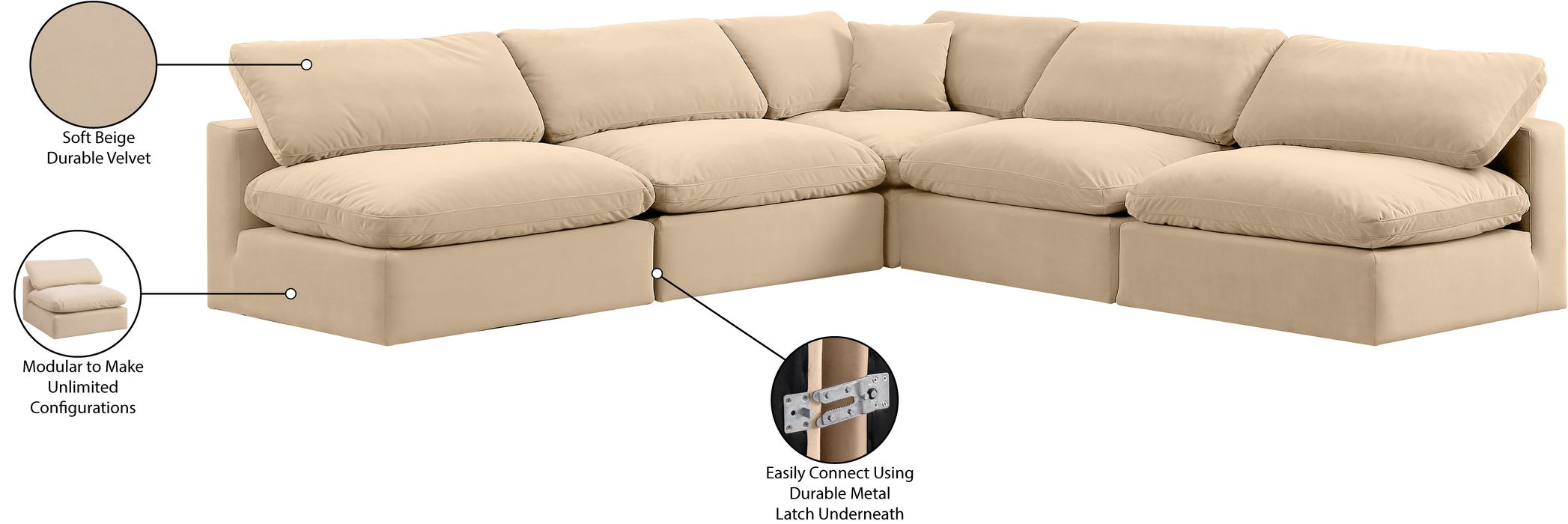 Meridian Furniture - Comfy 118" Beige Velvet Upholstered 5pc. Sectional - 189Beige-Sec5B - GreatFurnitureDeal