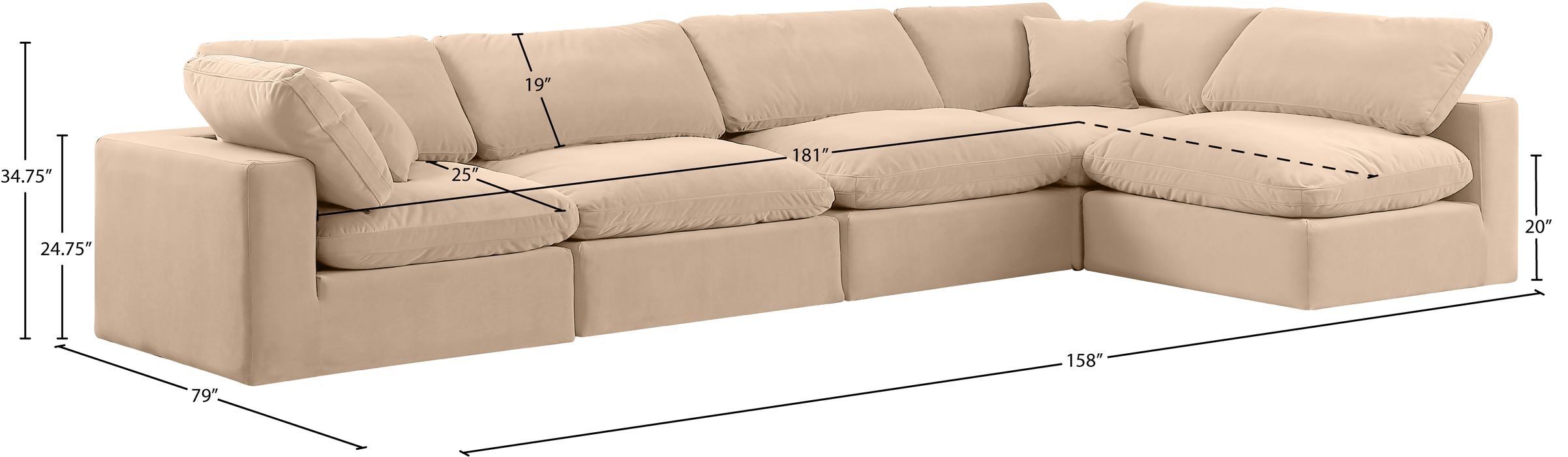 Meridian Furniture - Comfy 158" Beige Velvet Upholstered 5pc. Sectional - 189Beige-Sec5D - GreatFurnitureDeal