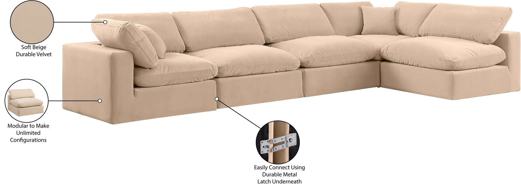 Meridian Furniture - Comfy 158" Beige Velvet Upholstered 5pc. Sectional - 189Beige-Sec5D - GreatFurnitureDeal