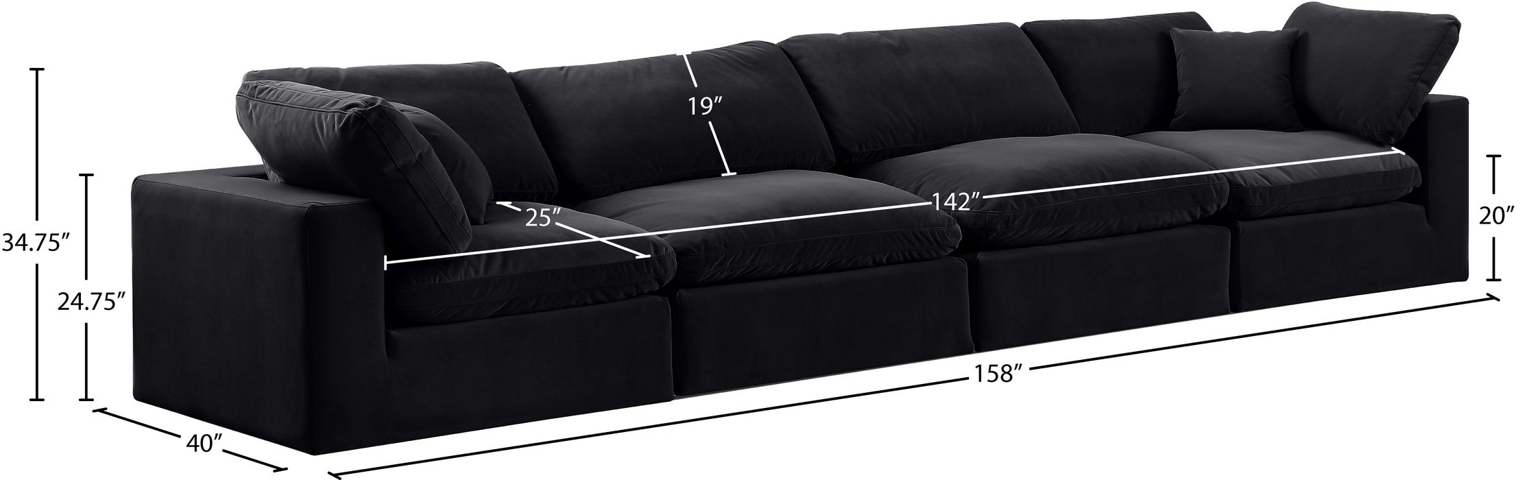 Meridian Furniture - Comfy 158" Black Velvet Upholstered 4pc. Sofa - 189Black-S158 - GreatFurnitureDeal
