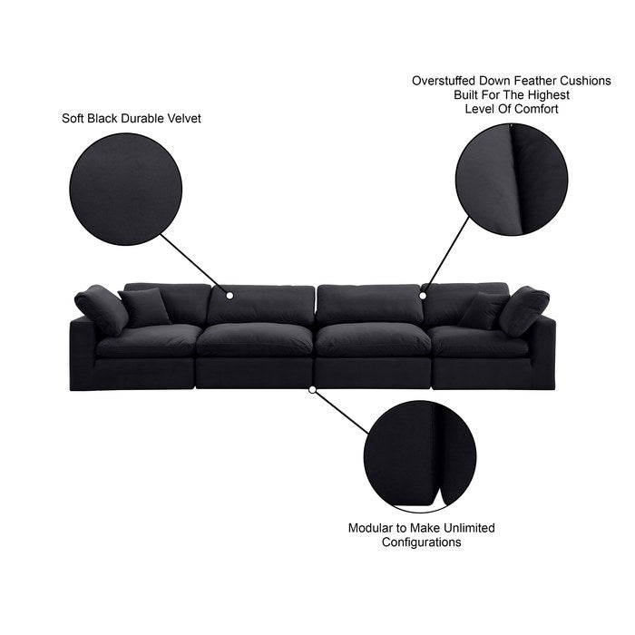 Meridian Furniture - Comfy 158" Black Velvet Upholstered 4pc. Sofa - 189Black-S158 - GreatFurnitureDeal