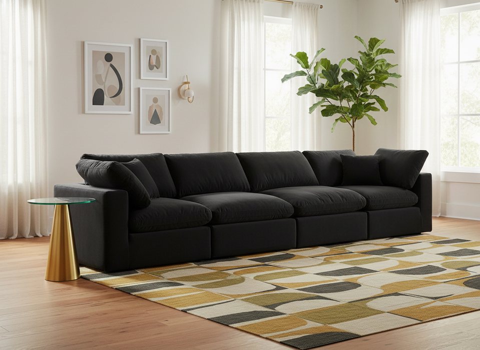 Meridian Furniture - Comfy 158" Black Velvet Upholstered 4pc. Sofa - 189Black-S158 - GreatFurnitureDeal