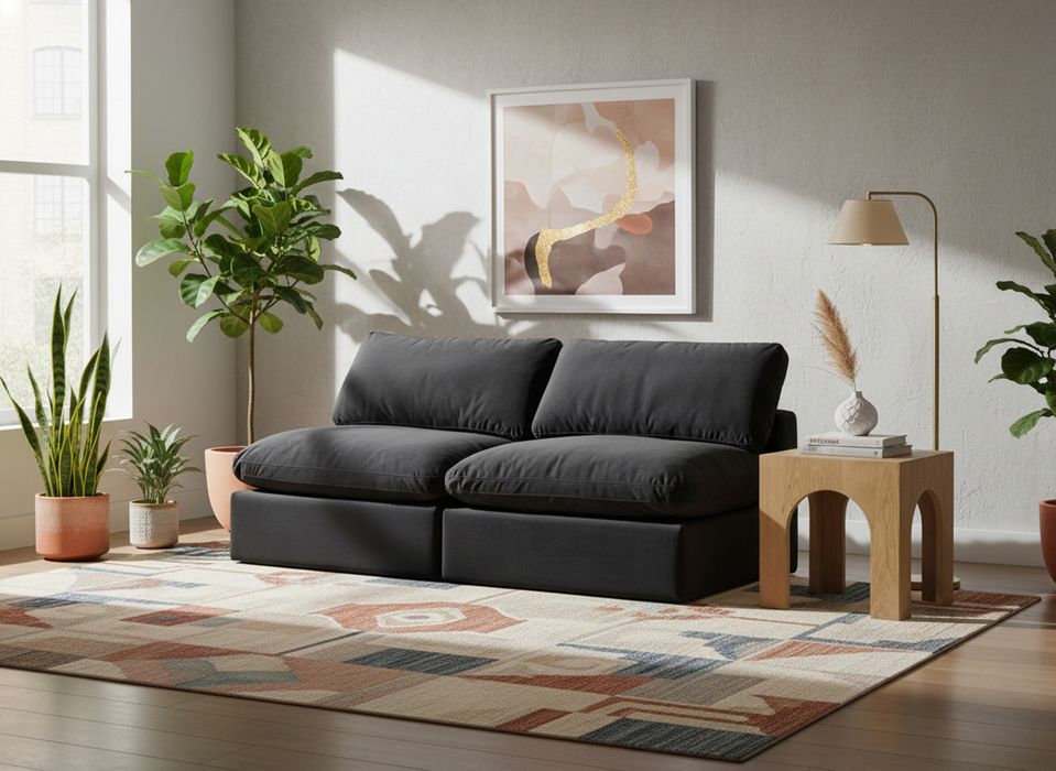 Meridian Furniture - Comfy 78" Black Velvet Upholstered 2pc. Armless Sofa - 189Black-S78 - GreatFurnitureDeal