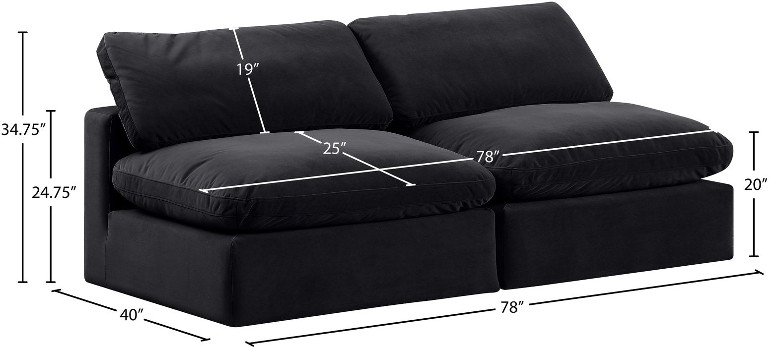 Meridian Furniture - Comfy 78" Black Velvet Upholstered 2pc. Armless Sofa - 189Black-S78 - GreatFurnitureDeal