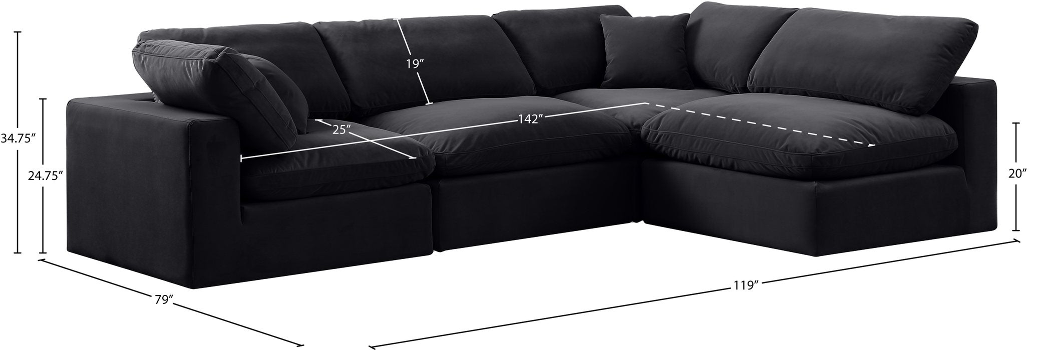 Meridian Furniture - Comfy 119" Black Velvet Upholstered 4pc. Sectional - 189Black-Sec4B - GreatFurnitureDeal