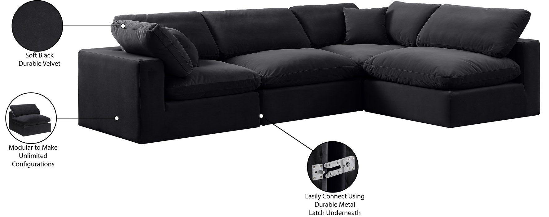 Meridian Furniture - Comfy 119" Black Velvet Upholstered 4pc. Sectional - 189Black-Sec4B - GreatFurnitureDeal