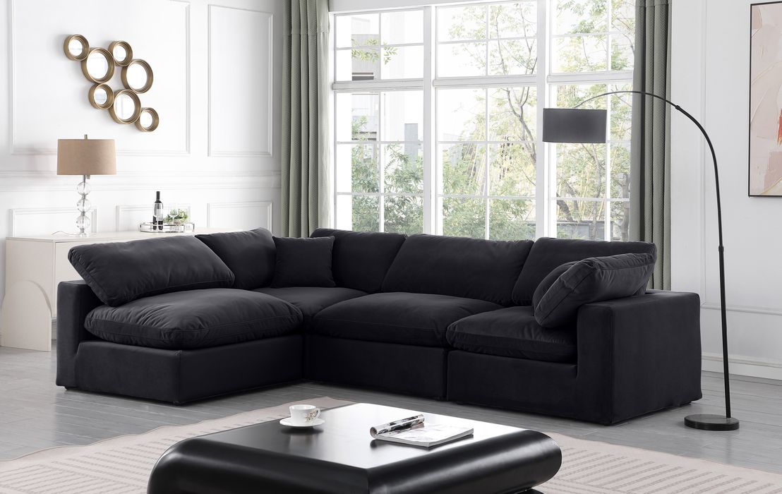 Meridian Furniture - Comfy 119" Black Velvet Upholstered 4pc. Sectional - 189Black-Sec4B - GreatFurnitureDeal
