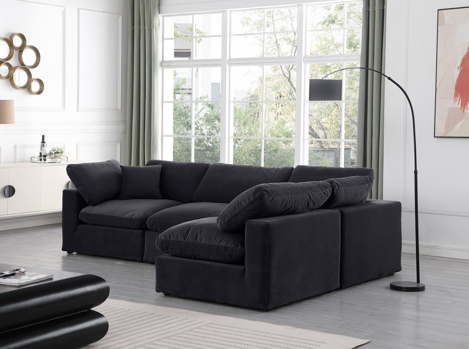 Meridian Furniture - Comfy 119" Black Velvet Upholstered 4pc. Sectional - 189Black-Sec4B - GreatFurnitureDeal