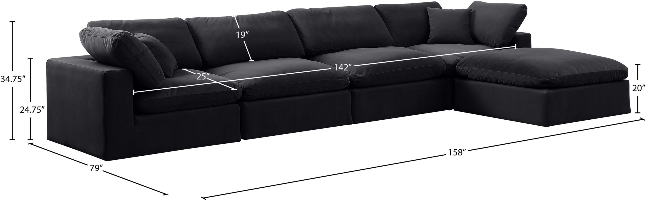 Meridian Furniture - Comfy 158" Black Velvet Upholstered 5pc. Sectional - 189Black-Sec5A - GreatFurnitureDeal