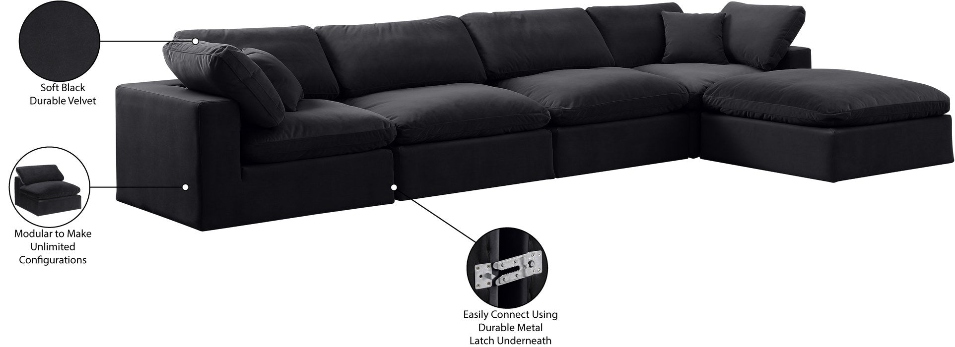 Meridian Furniture - Comfy 158" Black Velvet Upholstered 5pc. Sectional - 189Black-Sec5A - GreatFurnitureDeal