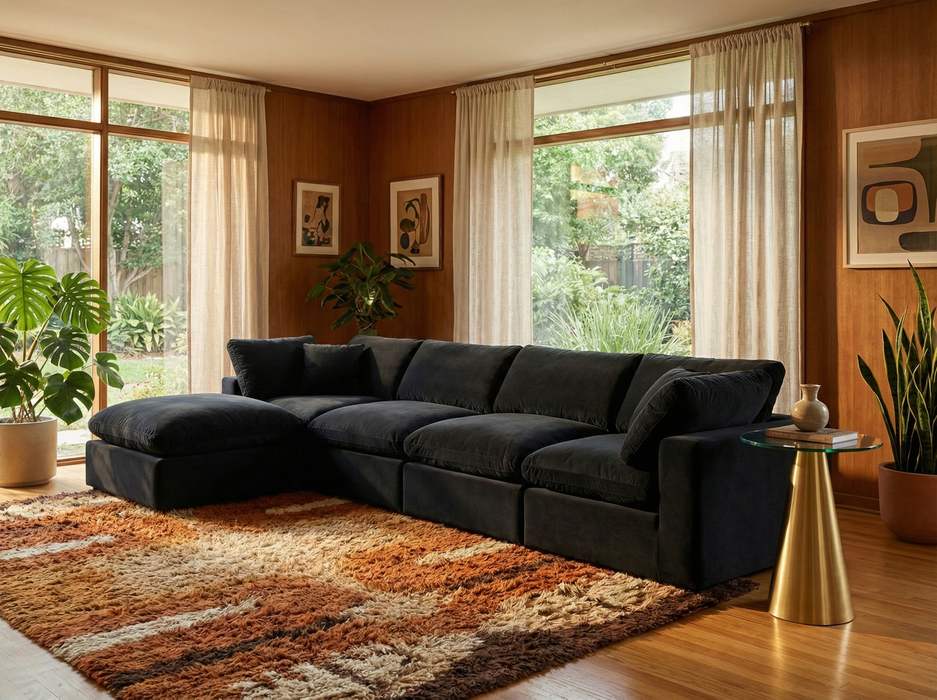 Meridian Furniture - Comfy 158" Black Velvet Upholstered 5pc. Sectional - 189Black-Sec5A - GreatFurnitureDeal