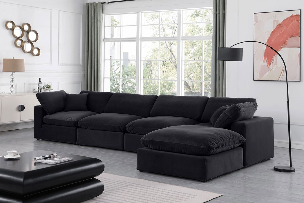 Meridian Furniture - Comfy 158" Black Velvet Upholstered 5pc. Sectional - 189Black-Sec5A - GreatFurnitureDeal